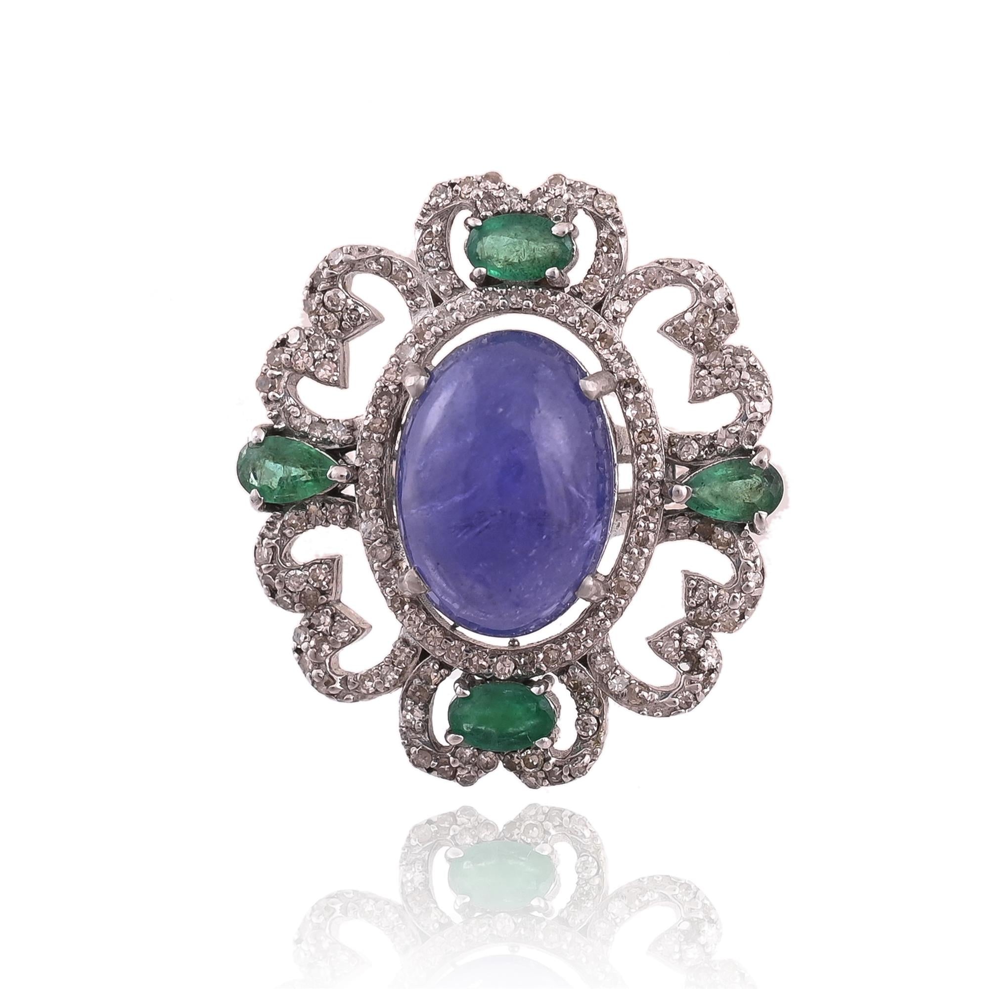 Beautiful Tanzanite & Multiple Emerald Natural Gemstones with Diamonds Around Oval Shape