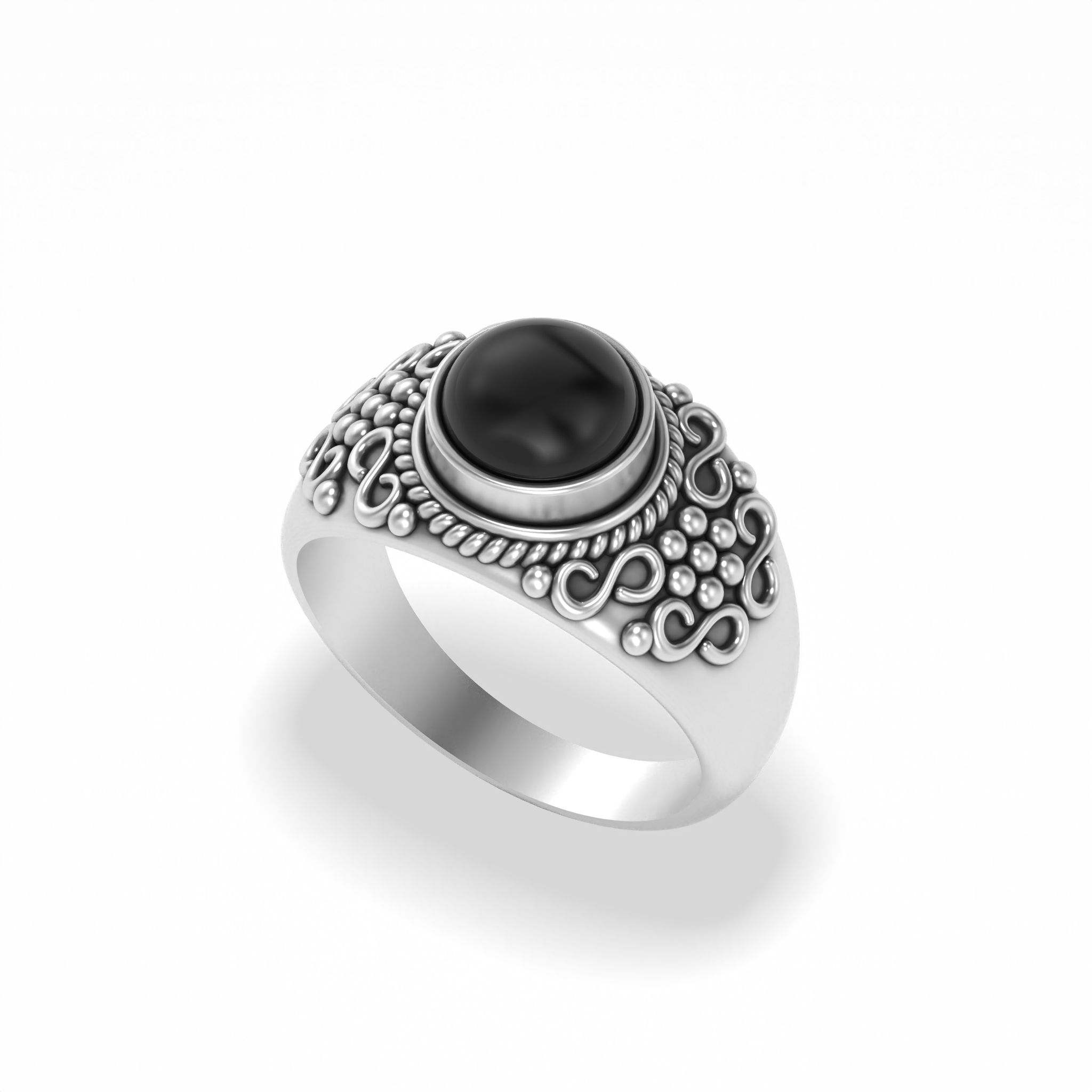 Stunning Handcrafted Oxidised Pattern Around Black Onyx Gemstone 925 Sterling Silver Ring